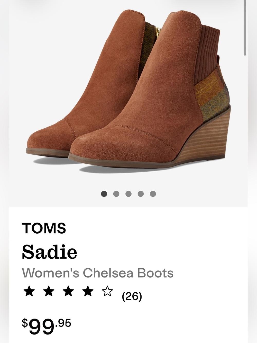 Toms Sadie Side Zip Chelsea Ankle Boots/Wedges in Dark Ember Suede-Plaid Wmns 7M
